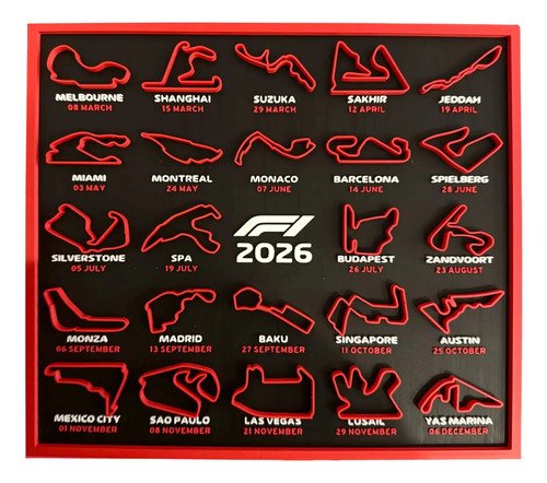 D_612642-MLB105426524390_012026-O.jpg Quadro Calendário F1 2026 Pistas Circuitos Placa Fórmula 1 Calendário F1 2026